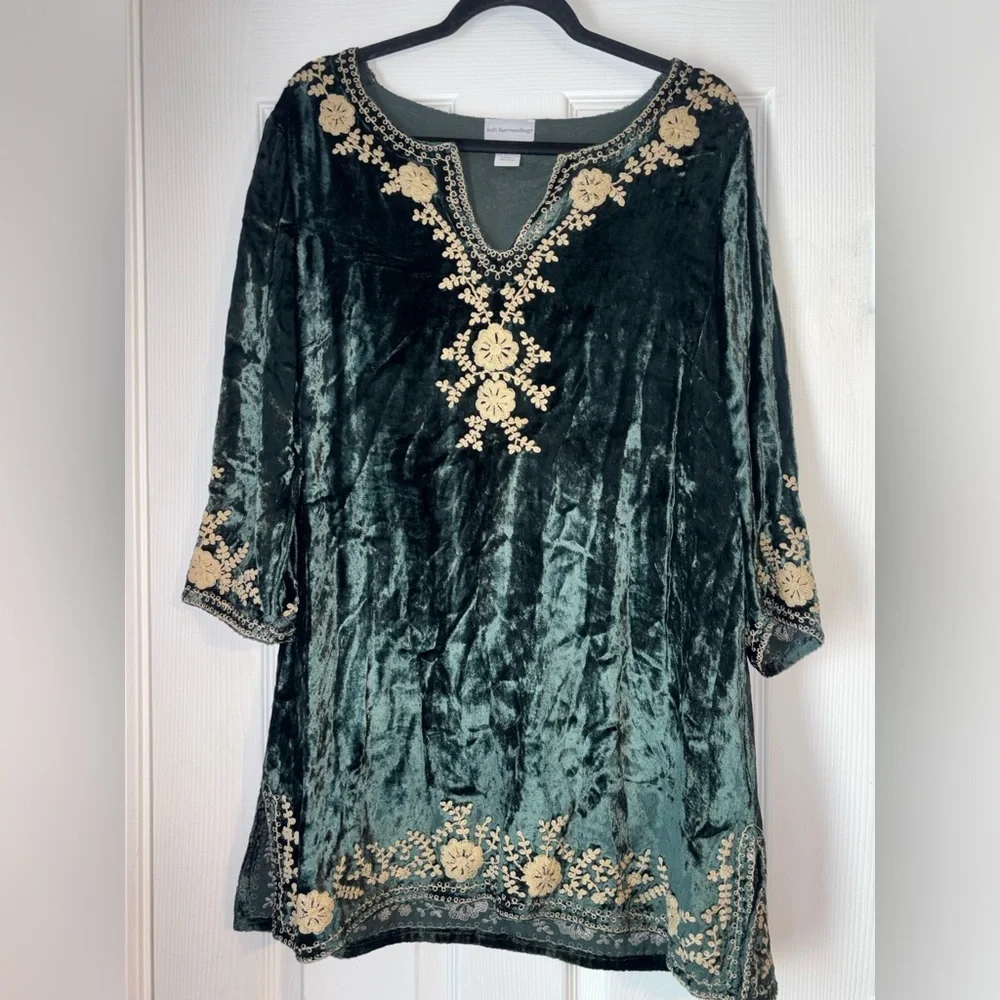 Soft Surroundings Top Women Green Large Velvet Embroidered India Whimsigoth Boho - Picture 1 of 6